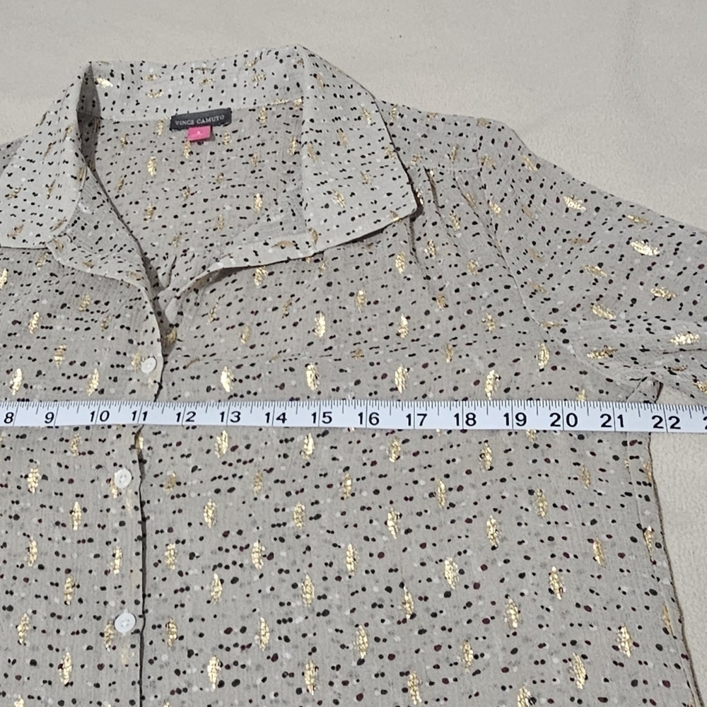 Vince Camuto Beige Button Blouse with Gold Metallic Dots Print Long Sleeve - Picture 8 of 10
